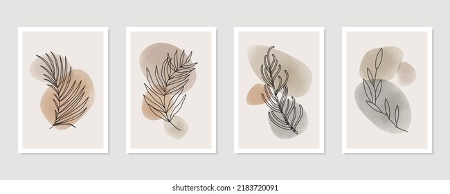 Botanical wall art vector set. Tropical Foliage line art drawing with abstract shape. Abstract Plant Art design for print, cover, wallpaper, Minimal and natural wall art. Vector illustration.