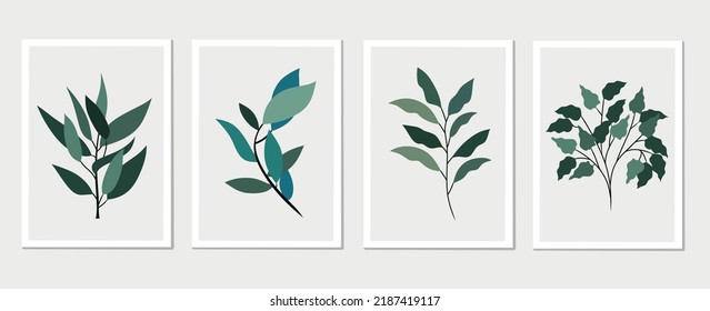 Botanical wall art vector set. Set of green leaves for wall decoration with abstract shape. Abstract Plant Art design for print, cover, wallpaper, Minimal and natural wall art background.