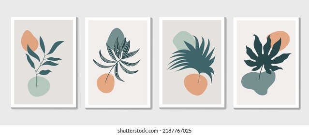 Botanical wall art vector set. Line art drawing of flowers and features with abstract shapes. Abstract Plant Art Designs for prints, covers, wallpapers, Minimal and natural wall art. Vector illustrati