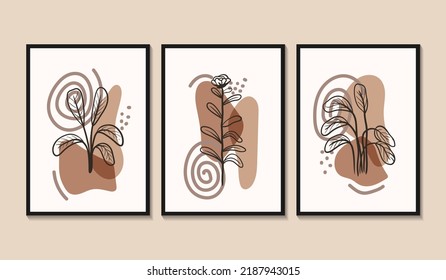 Botanische Wandkunst, Vektorset. Erdton boho Blattlinie Zeichnung mit abstrakter Form. Abstraktes Pflanzendesign für Druck, Deckel, Tapeten, Minimale und natürliche Wandkunst.