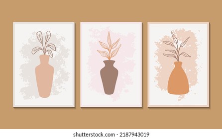 Botanische Wandkunst, Vektorset. Erdton boho Blattlinie Zeichnung mit abstrakter Form. Abstraktes Pflanzendesign für Druck, Deckel, Tapeten, Minimale und natürliche Wandkunst.