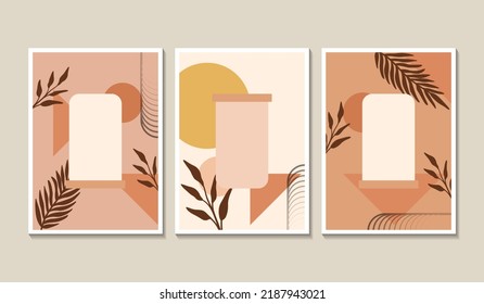 Botanical wall art vector set. Earth tone boho foliage line art drawing with abstract shape. Abstract Plant Art design for print, cover, wallpaper, Minimal and natural wall art.