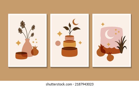 Botanical wall art vector set. Earth tone boho foliage line art drawing with abstract shape. Abstract Plant Art design for print, cover, wallpaper, Minimal and natural wall art.