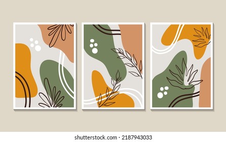 Conjunto de vectores de arte mural botánico. Tono de la Tierra dibujo de líneas de follaje boho con forma abstracta. Resumen Diseño de arte vegetal para la impresión, cubierta, papel pintado, arte de pared mínimo y natural.
