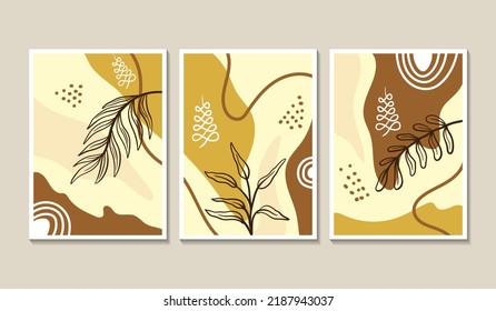 Conjunto de vectores de arte mural botánico. Tono de la Tierra dibujo de líneas de follaje boho con forma abstracta. Resumen Diseño de arte vegetal para la impresión, cubierta, papel pintado, arte de pared mínimo y natural.
