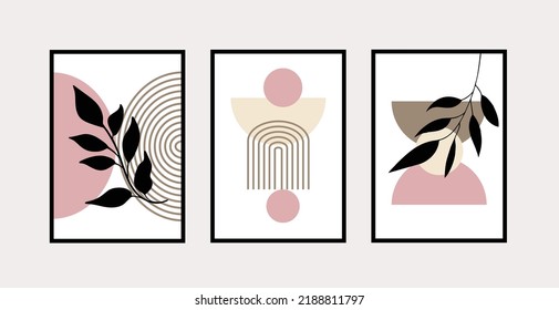 Botanical wall art vector set. Foliage line art drawing with abstract shape. Abstract Pink Plant Boho Art design for print, cover, wallpaper, Minimal and natural wall art. Vector illustration.