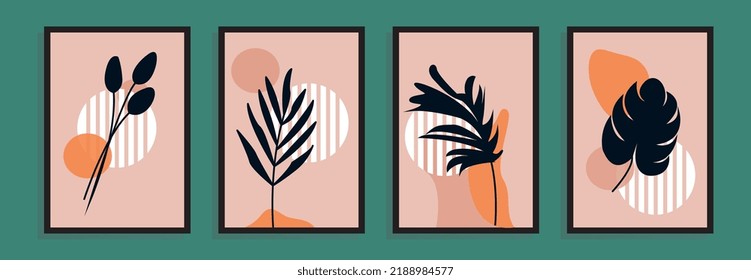 Botanical wall art vector set tropical. Abstract paper cut geometric elements and strokes, leaves and dots for print, cover, wallpaper, Minimal and natural wall art, social media, postcards, print.