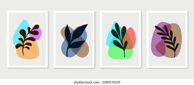 Conjunto de vectores de arte mural botánico. Dibujo artístico de línea de follaje con forma abstracta. Resumen Diseño de arte vegetal para impresión, cubierta, papel pintado, fondo de pared mínimo y natural.