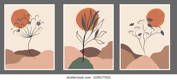 Botanical wall art vector set. Earth tone boho foliage line art drawing with abstract shape. Abstract Plant Art design for wall framed or canvas prints, poster,wallpaper, minimal and natural wall art.