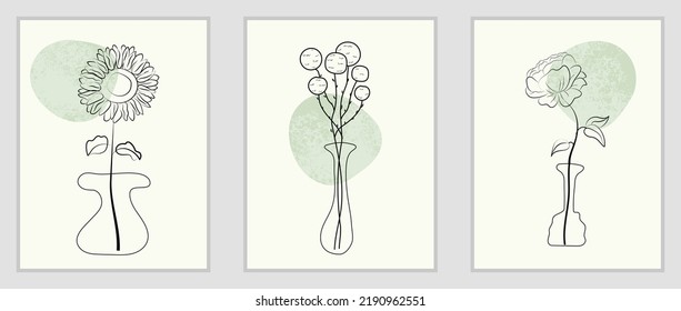 Botanical wall art vector set. Green tone line art drawing with abstract shape. Abstract Plant Art design for wall framed or canvas prints, poster, wallpaper, minimal and natural wall art.