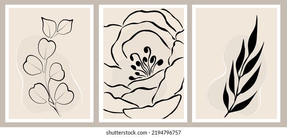 Botanical wall art vector set. Nordic line art drawing with abstract shape. Abstract Plant Art design for print, cover, wallpaper, Minimal and natural wall art. Beige and black vector illustration.