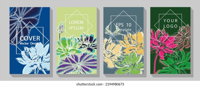 Botanical wall art vector set.  Lotus line arts hand draw gold lotus flower and leaves.