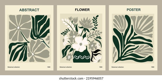 Botanical wall art vector set. Nordic line art drawing with abstract shape. Abstract Plant Art design for print, cover, wallpaper, Minimal and natural wall art. Beige and black vector illustration.