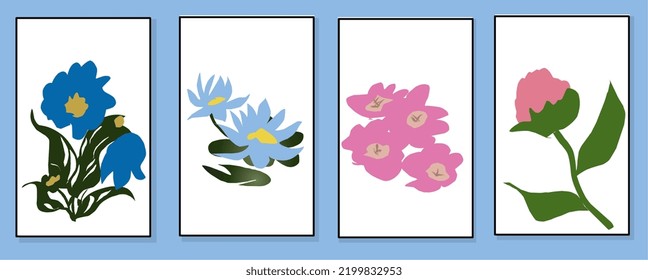 Botanical wall art vector set. Line art leaves drawing with abstract shapes. Abstract Plant Art Designs for prints, covers, wallpapers, Minimal and natural wall art. Vector illustration. blue poppy, w