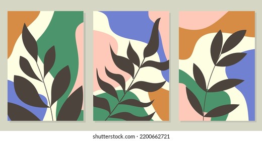 Botanical wall art vector set. Foliage line art drawing with abstract shape. design for print, home decor, cover, wallpaper, natural wall art. Vector illustration