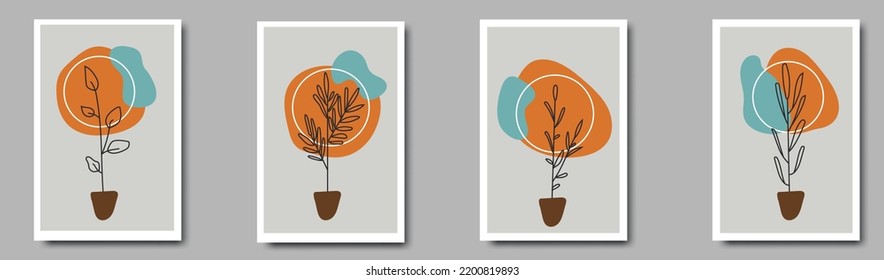 Botanische Wandkunst, Vektorset. Tropische Blattlinie-Kunstzeichnung mit abstrakter Form.