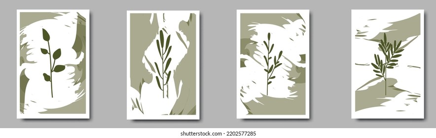 Botanical wall art vector set. Earth tone background foliage line art drawing with abstract shape.