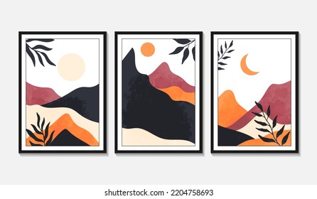 Conjunto de vectores de arte mural botánico. Dibujo artístico de línea de follaje con forma abstracta. Resumen Diseño de arte vegetal para impresión, cubierta, papel pintado, arte de pared mínimo y natural. Ilustración vectorial.