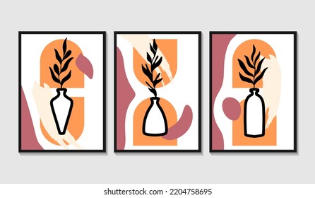 Botanical wall art vector set. Foliage line art drawing with abstract shape. Abstract Plant Art design for print, cover, wallpaper, Minimal and natural wall art. Vector illustration.