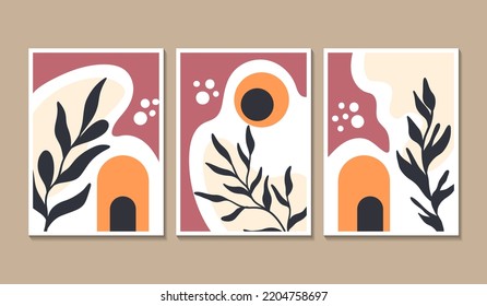 Conjunto de vectores de arte mural botánico. Dibujo artístico de línea de follaje con forma abstracta. Resumen Diseño de arte vegetal para impresión, cubierta, papel pintado, arte de pared mínimo y natural. Ilustración vectorial.
