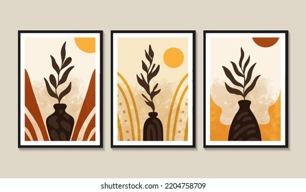 Conjunto de vectores de arte mural botánico. Dibujo artístico de línea de follaje con forma abstracta. Resumen Diseño de arte vegetal para impresión, cubierta, papel pintado, arte de pared mínimo y natural. Ilustración vectorial.