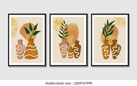 Botanical wall art vector set. boho Foliage line art drawing with abstract shape. Abstract Plant Art design for print, cover, wallpaper, Minimal and natural wall art.