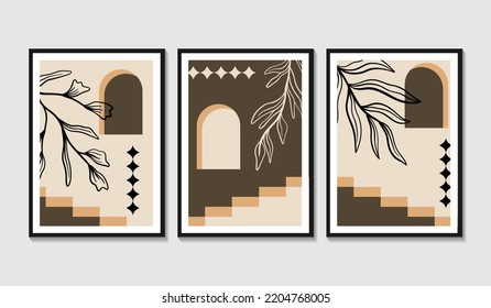 Botanische Wandkunst, Vektorset. boho Foliage Linie Kunstzeichnung mit abstrakter Form. Abstraktes Pflanzendesign für Druck, Deckel, Tapeten, Minimale und natürliche Wandkunst.