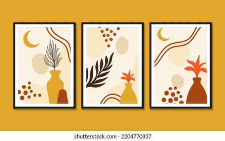 Conjunto de vectores de arte mural botánico. Dibujo de líneas florales y follaje con forma abstracta. Resumen Diseño de arte vegetal para impresión, cubierta, papel pintado, arte de pared mínimo y natural. Ilustración vectorial.
