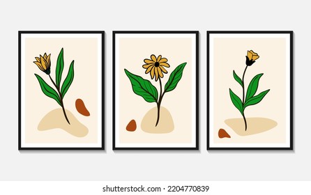 Botanical wall art vector set. Floral and Foliage line art drawing with abstract shape. Abstract Plant Art design for print, cover, wallpaper, Minimal and natural wall art. Vector illustration.