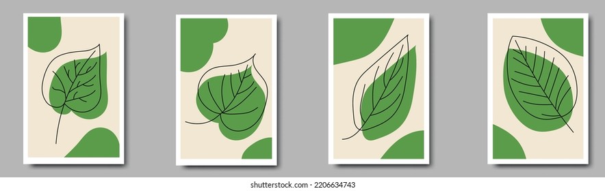 Botanical wall art vector set. Line drawing of tropical foliage.