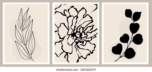Botanical wall art vector set. Nordic line art drawing with abstract shape. Abstract Plant Art design for print, cover, wallpaper, Minimal and natural wall art. Beige and black vector illustration.