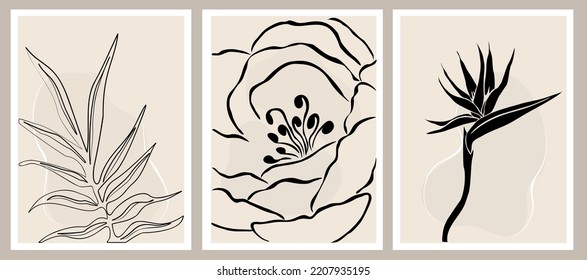 Botanical wall art vector set. Nordic line art drawing with abstract shape. Abstract Plant Art design for print, cover, wallpaper, Minimal and natural wall art. Beige and black vector illustration.