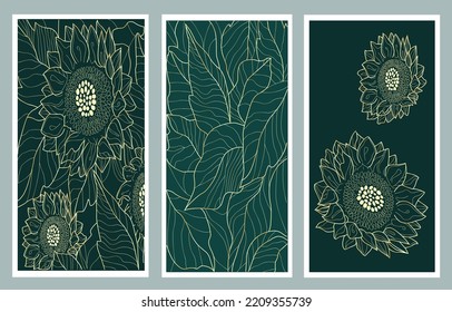Conjunto de vectores de arte mural botánico. Línea de follaje dorado con dibujo de fondo verde natural. Resumen Diseño de arte vegetal para impresiones enmarcadas en la pared, estampados de tela, carteles, decoración doméstica, cubiertas y papel pintado.