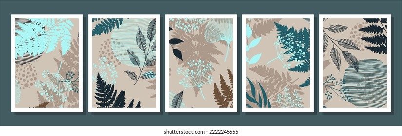 Botanical wall art vector set with ferns. Abstract Plant Art design for print, cover, wallpaper. Minimal and natural wall art. Vector illustration.