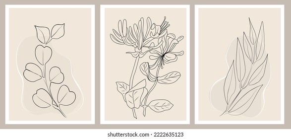 Botanical wall art vector set. Nordic line art drawing with honeysuckle and eucalyptus plants design for print, cover, wallpaper, Minimal and natural wall art. Beige and black vector illustration.