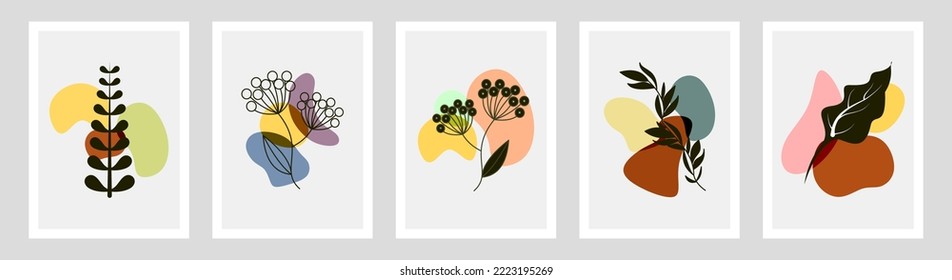 Botanische Wandkunst, Vektorset. Kunstzeichnung der Blattlinie mit abstrakter Form. Abstraktes Pflanzendesign für Druck, Deckel, Tapeten, Minimale und natürliche Wandkunst. Vektorgrafik.