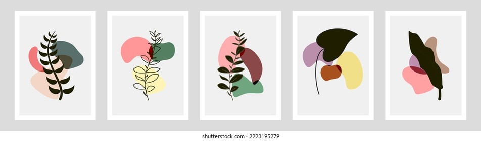 Botanical wall art vector set. Foliage line art drawing with abstract shape. Abstract Plant Art design for print, cover, wallpaper, Minimal and natural wall art. Vector illustration.