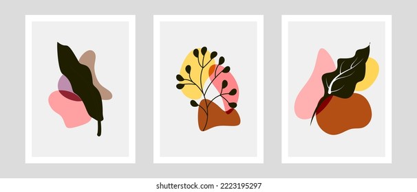 Botanische Wandkunst, Vektorset. Kunstzeichnung der Blattlinie mit abstrakter Form. Abstraktes Pflanzendesign für Druck, Deckel, Tapeten, Minimale und natürliche Wandkunst. Vektorgrafik.