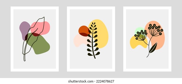 Conjunto de vectores de arte mural botánico. Dibujo artístico de línea de follaje con forma abstracta. Resumen Diseño de arte vegetal para impresión, cubierta, papel pintado, arte de pared mínimo y natural. Ilustración vectorial.