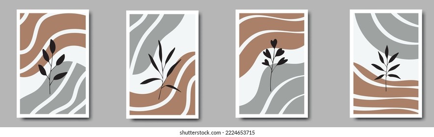 Botanical wall art vector set. Foliage line art drawing with abstract shape.
