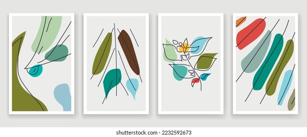 Botanical wall art vector set. Earth tone boho foliage line art drawing with abstract shape. Abstract Plant Art design for print, cover, wallpaper, Minimal and natural wall art.