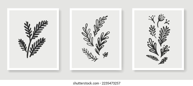 Botanische Wandkunst, Vektorset. Kunstzeichnung der Blattlinie mit abstrakter Form. Abstraktes Pflanzendesign für Druck, Deckel, Tapeten, Minimale und natürliche Wandkunst. Vektorgrafik.