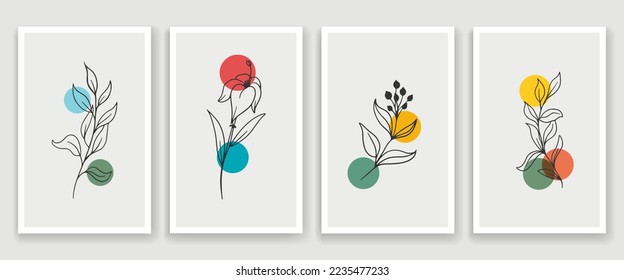 Conjunto de vectores de arte mural botánico. Dibujo de líneas florales y follaje con formas abstractas. Resumen Diseño de arte vegetal para impresión, cubierta, papel pintado y arte de pared mínimo y natural. Ilustración vectorial.