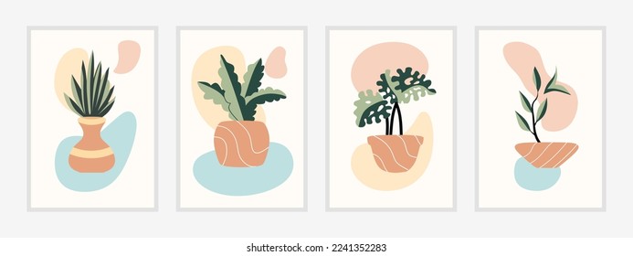 Botanical wall art vector set. Foliage line art drawing with abstract shape. Abstract Plant Art design for print, cover, wallpaper, Minimal and natural wall art. Vector illustration.