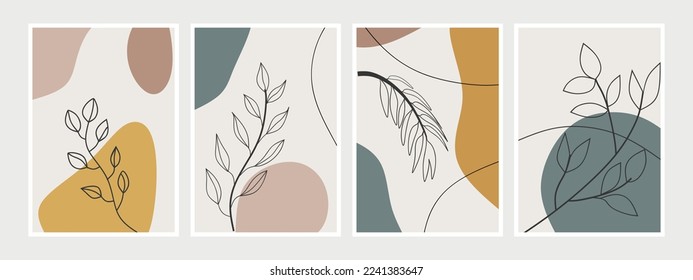 Botanische Wandkunst, Vektorset. Kunstzeichnung der Blattlinie mit abstrakter Form. Abstraktes Pflanzendesign für Druck, Deckel, Tapeten, Minimale und natürliche Wandkunst. Vektorgrafik.