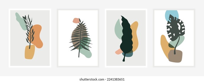 Botanical wall art vector set. Foliage line art drawing with abstract shape. Abstract Plant Art design for print, cover, wallpaper, Minimal and natural wall art. Vector illustration.