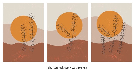 Botanische Wandkunst, Vektorset. Blumen- und Blattlinien-Kunstzeichnung mit abstrakter Form. Abstraktes Pflanzendesign für Druck, Deckel, Tapeten, minimale und natürliche Wandkunst. Vektorgrafik.