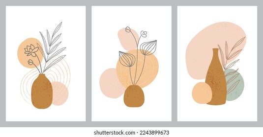 Botanical wall art vector set. Floral and Foliage line art drawing with abstract shape. Abstract Plant Art design for print, cover, wallpaper, minimal and natural wall art. Vector illustration.
