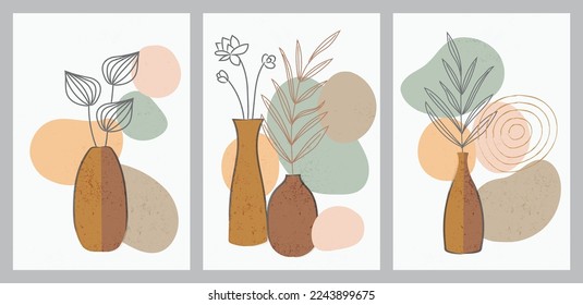 Conjunto de vectores de arte mural botánico. Dibujo de líneas florales y follaje con forma abstracta. Resumen Diseño de arte vegetal para impresión, cubierta, papel pintado, arte de pared mínimo y natural. Ilustración vectorial.