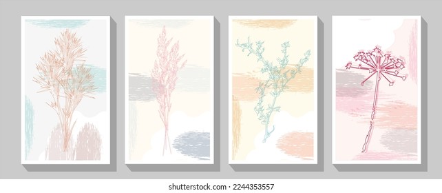 Botanical wall art vector set. Bohemian line art drawing with abstract shape. Vector trendy cover, pastel graphic poster, brochure